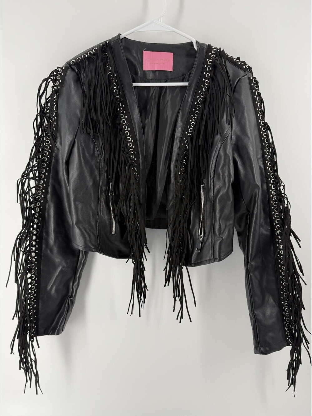 Azalea Wang Akira Ryder Black Studded Fringe Moto Jacket Vegan Leather Womens L